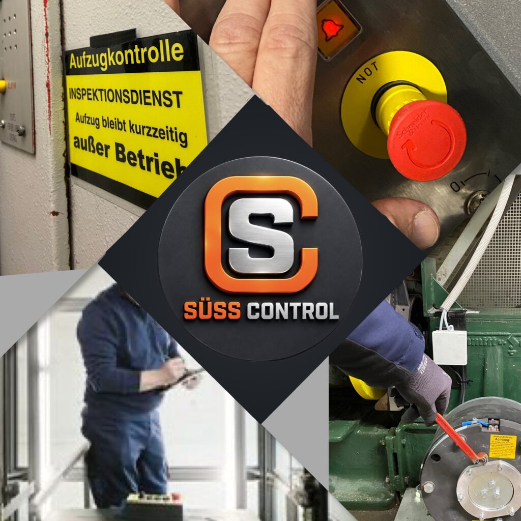 Aufzugswärterdienst von SÜSS Control: Hinweisschild Inspektionsdienst, Not-Halt-Taster und Funktionskontrolle am Aufzugstriebwerk
